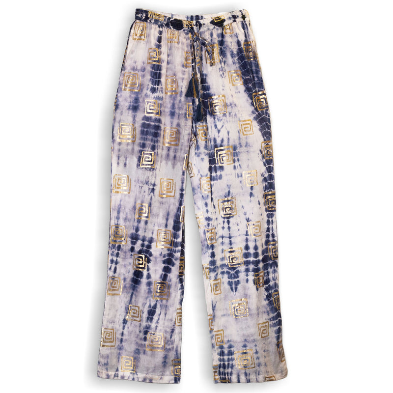 Nomad Sari Lounge Pants (L/XL) – Blue Tie-Dye with Gold Greek Motif product image