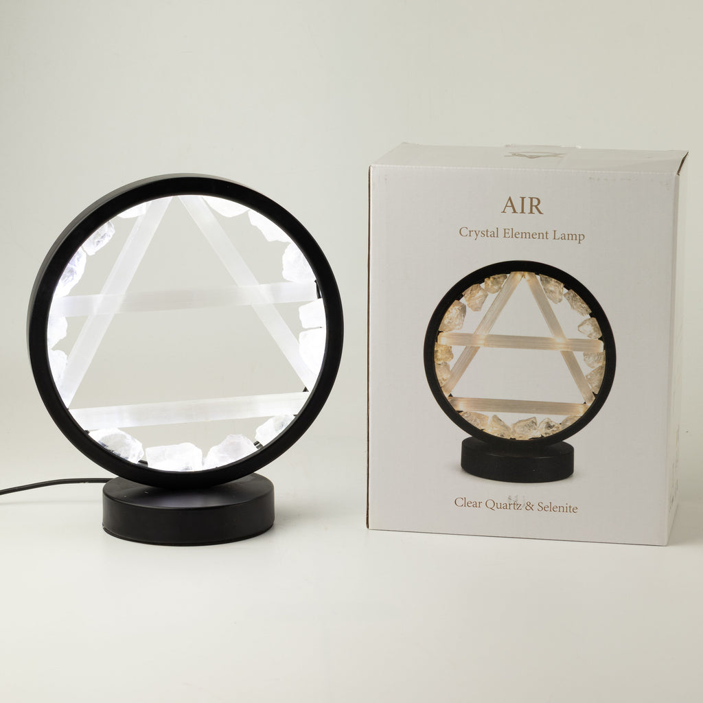 Illuminated clear quartz and selenite Air gemstone halo lamp