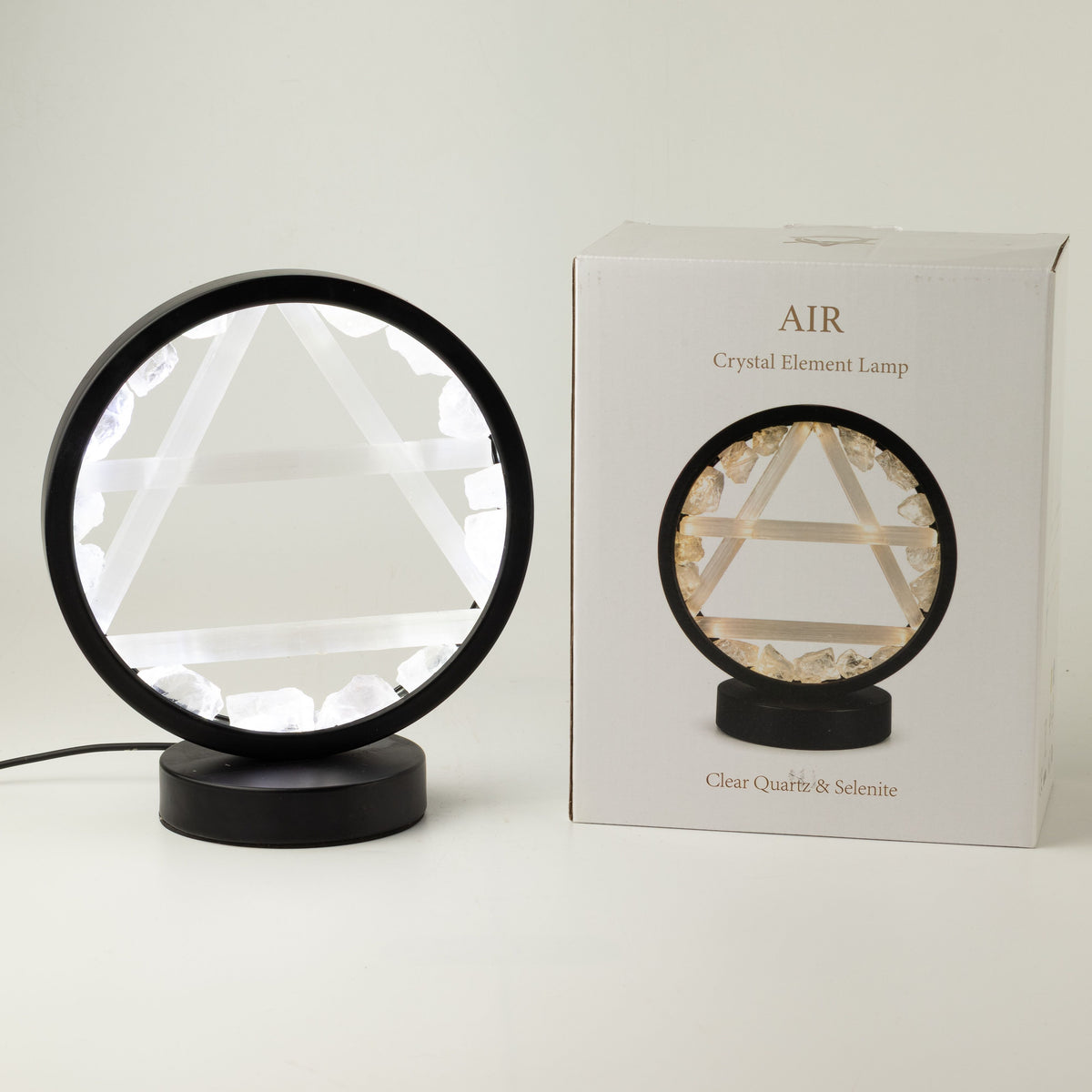 Illuminated clear quartz and selenite Air gemstone halo lamp