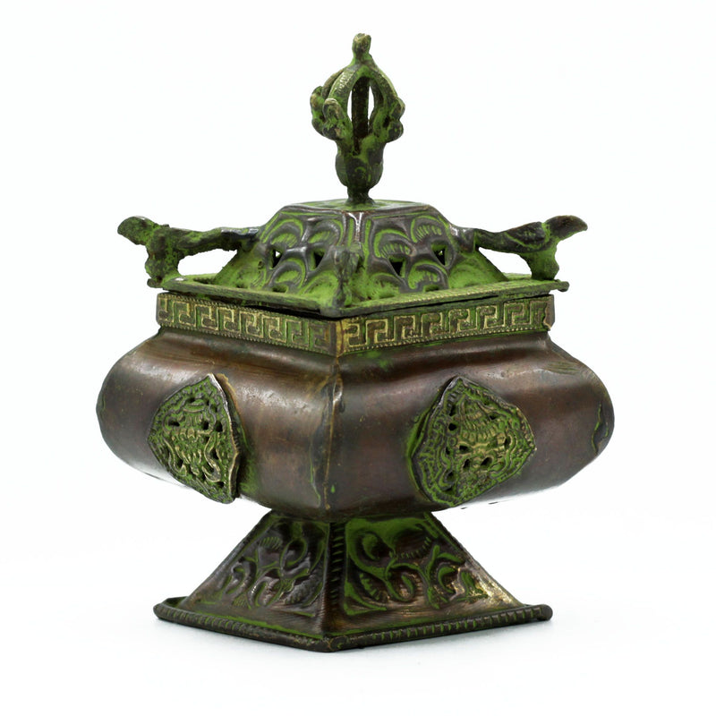 Brass Verdigris Tibetan Burner - Four Symbols Square Standing Pot product image