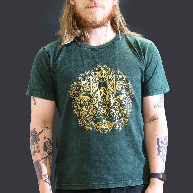 Nomad Sari Stonewashed Cotton T-Shirt – Hamsa – Green – Large product image