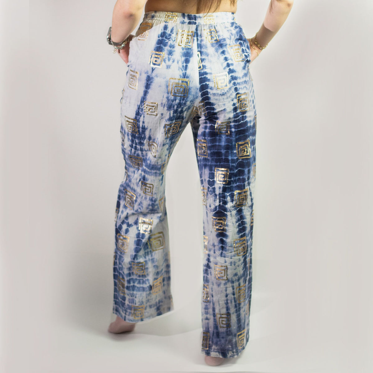 Nomad Sari Lounge Pants (L/XL) – Blue Tie-Dye with Gold Greek Motif product image 5