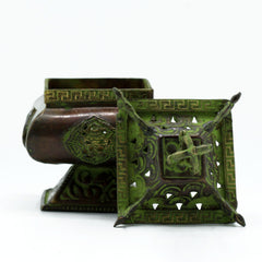 Brass Verdigris Tibetan Burner - Four Symbols Square Standing Pot product image 2