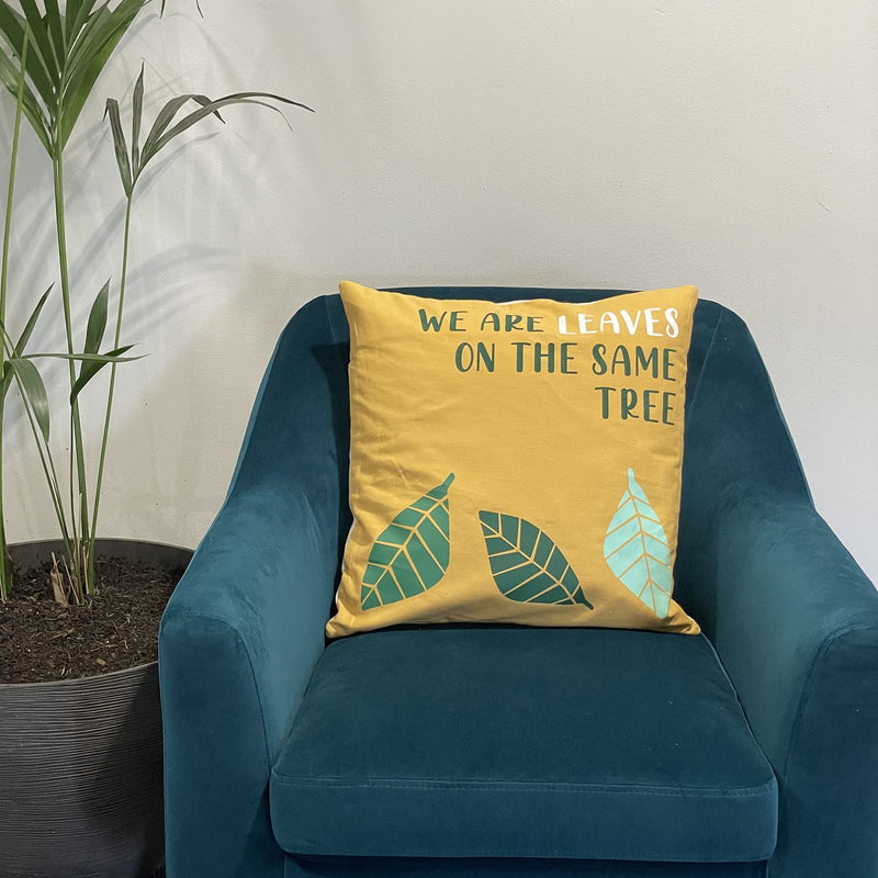 Printed Cotton Cushion Cover - We are Leaves - Yellow, Blue and Natural product image