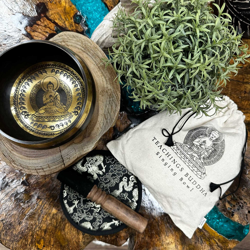 Hand Beaten & Engraved Singing Bowl Gift Set - 14cm - Teachings Buddha product image 3