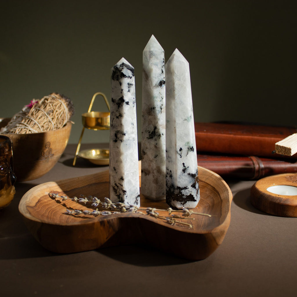 Gemstone Six Face Obelisk Point approx 17cm - Rainbow Moonstone product image 3