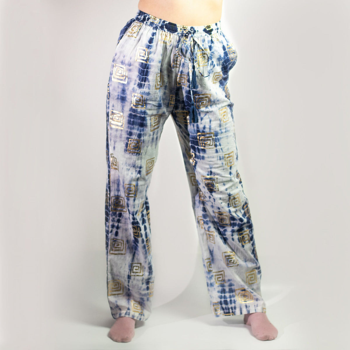 Nomad Sari Lounge Pants (L/XL) – Blue Tie-Dye with Gold Greek Motif product image 4