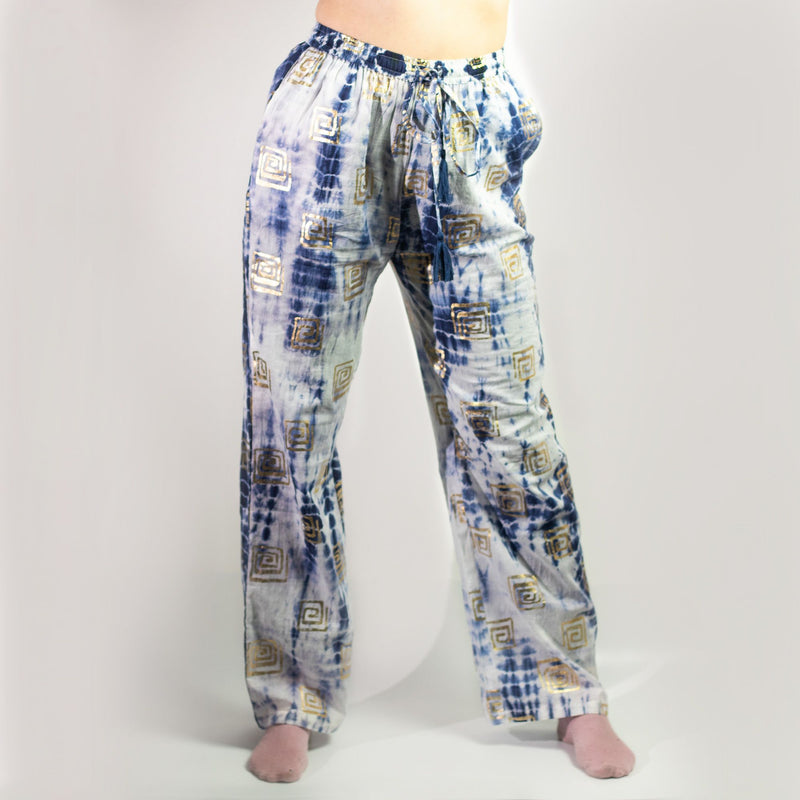 Nomad Sari Lounge Pants (M/L) – Blue Tie-Dye with Gold Greek Motif product image