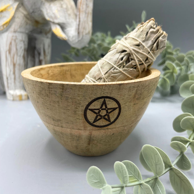 Wooden Smudge and Ritual Offerings Bowl - Pentagram - 11x7cm product image