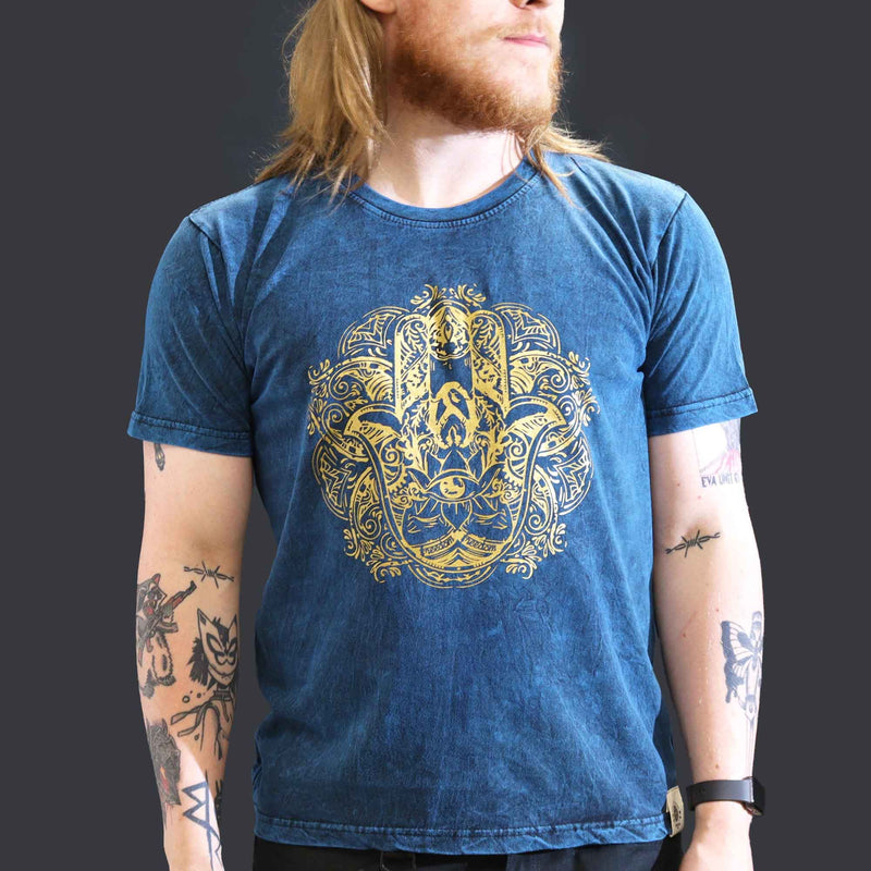 Nomad Sari Stonewashed Cotton T-Shirt – Hamsa – Blue – Large product image