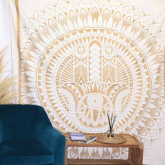 Double Cotton Bedspread + Wall Hanging - Hamsa - White Gold product image