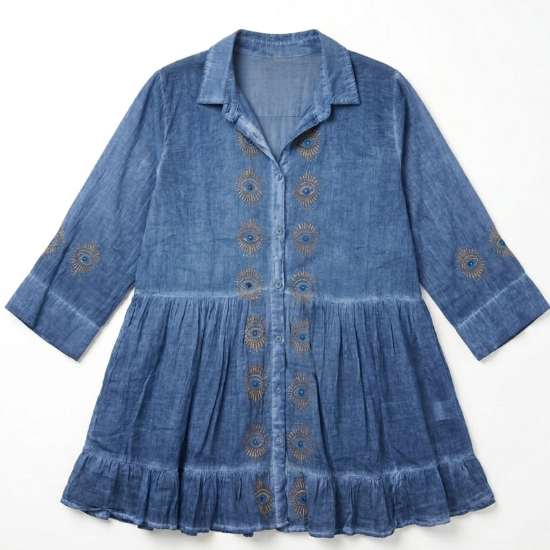 Nomad Sari On the Med Collection - Tunic Dress - Dusky Blue with Evil Eye Block Print (L-XL) product image