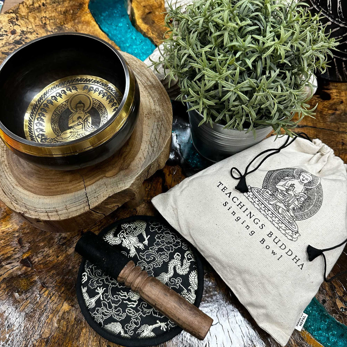 Hand Beaten & Engraved Singing Bowl Gift Set - 14cm - Teachings Buddha product image 2