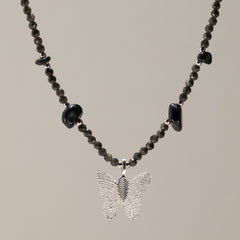Nymph Black Obsidian Gemstone Necklace with Real Leaf Butterfly Pendant