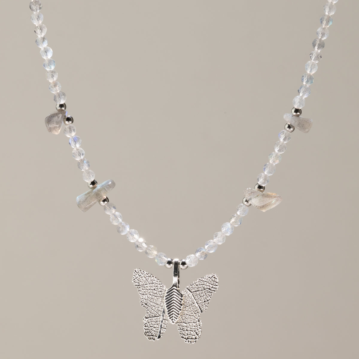Nymph Labradorite Gemstone Necklace with Real Leaf Butterfly Pendant - product image 4