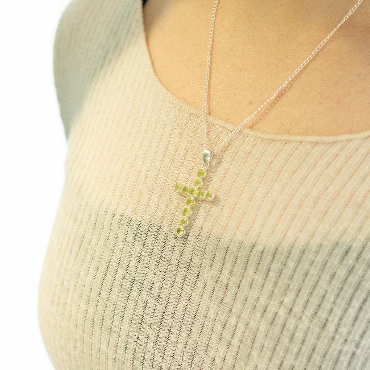 Indian Devotional Pendant - Silver Plated (45cm Chain)- Peridot Crucifix product image