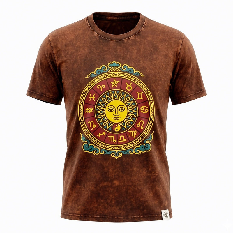Nomad Sari Stonewashed Cotton T-Shirt - Sun & Zodiac - Brown - Large product image