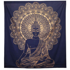 Double Cotton Bedspread + Wall Hanging - Buddha - Blue Gold product image 2