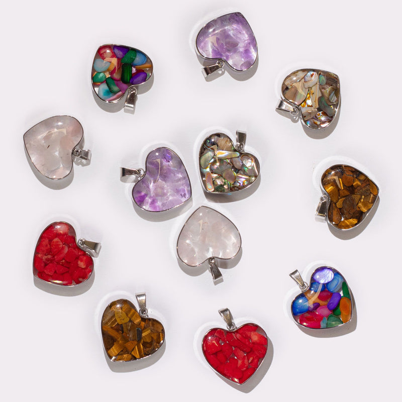 Steel Cased Pendant Hearts - 12 Assorted Gemstone Chips & Shells product image