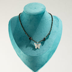Nymph Black Obsidian Gemstone Necklace with Real Leaf Butterfly Pendant