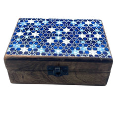 Medium Ceramic Glazed Wood Box - 15x10x6cm - Blue Stars product image