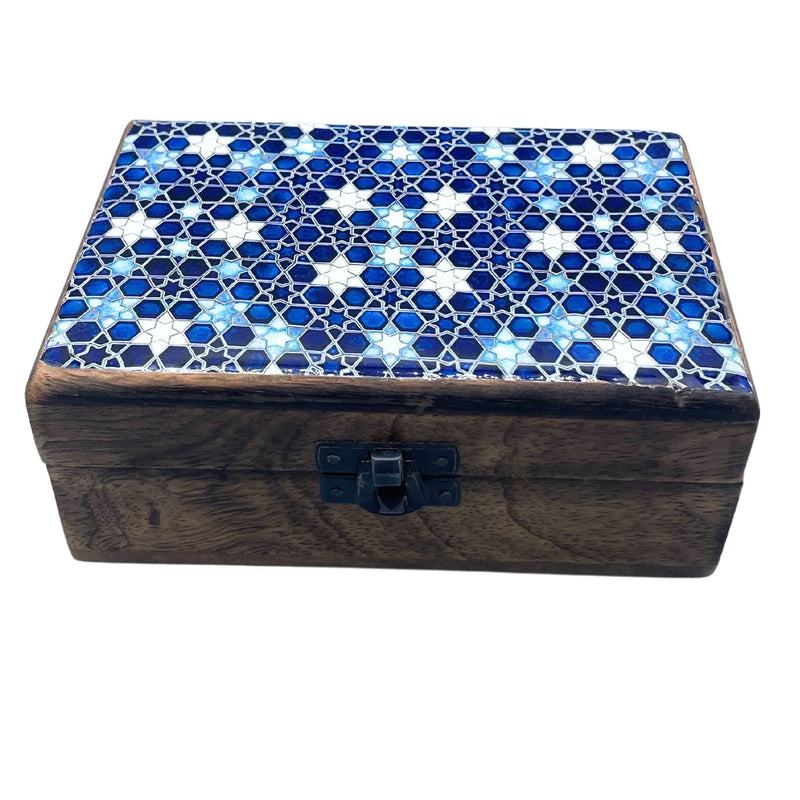 Medium Ceramic Glazed Wood Box - 15x10x6cm - Blue Stars product image