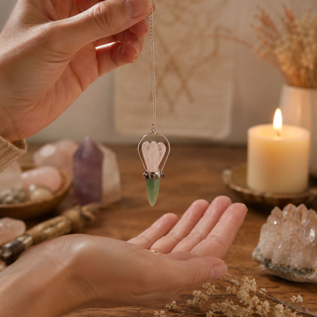 The Heart Oracle - Two Piece Angel Pendulum - Chakra Band - Rose Quartz & Green Aventurine product image 3