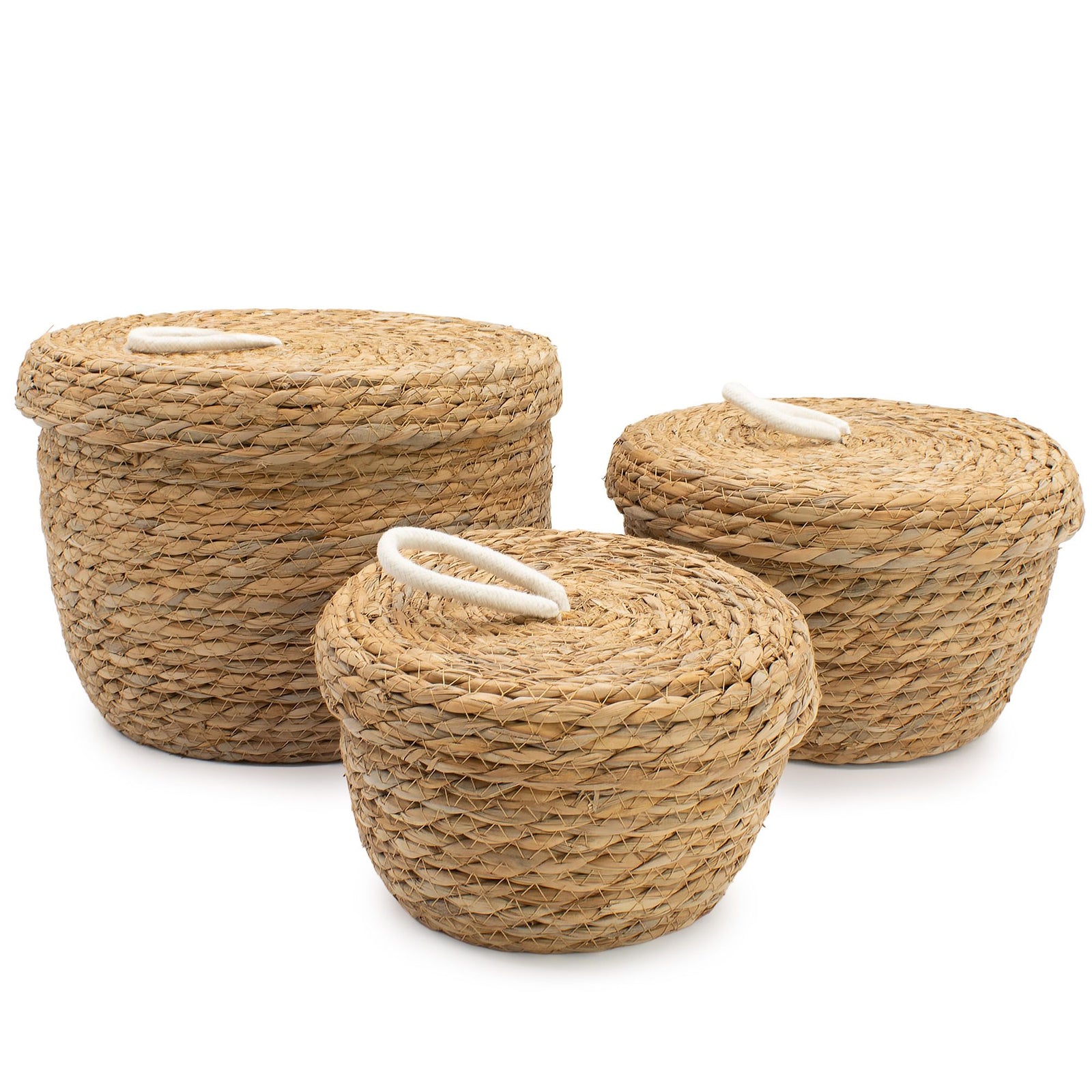 Seagrass & Cotton Round Baskets with Lids - Natural - Set of 3 product image