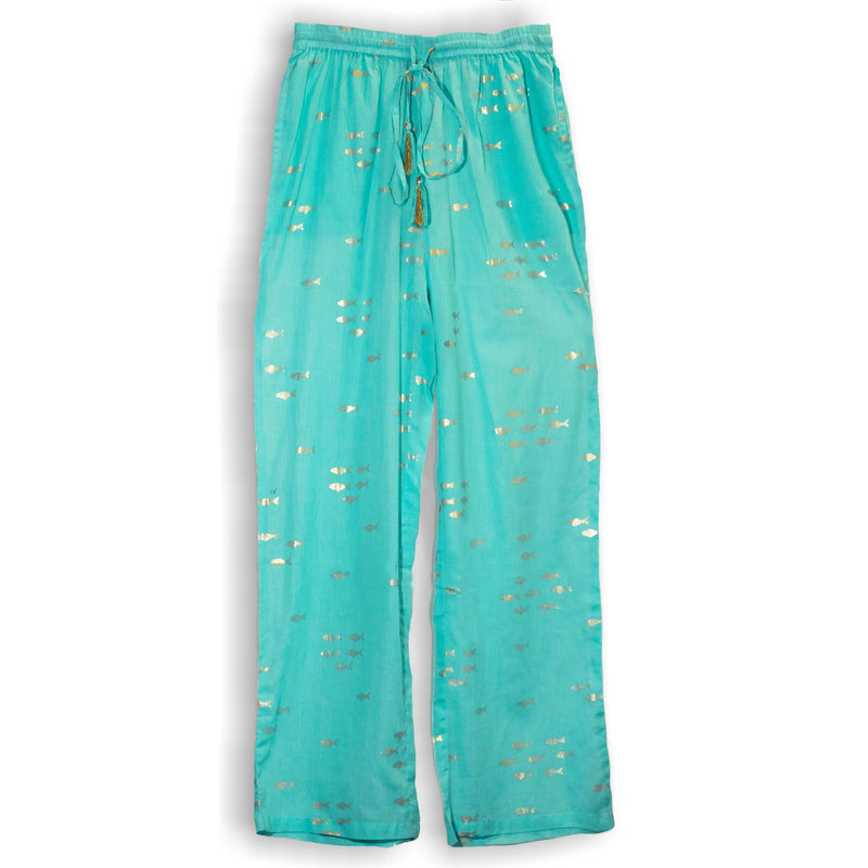 Nomad Sari Lounge Pants (M/L) – Turquoise with Hand-Painted Gold Fish Design product image