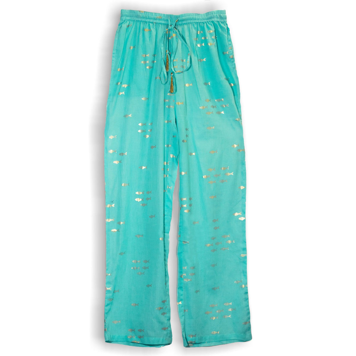 Nomad Sari Lounge Pants (L/XL) – Turquoise with Hand-Painted Gold Fish Design product image 4