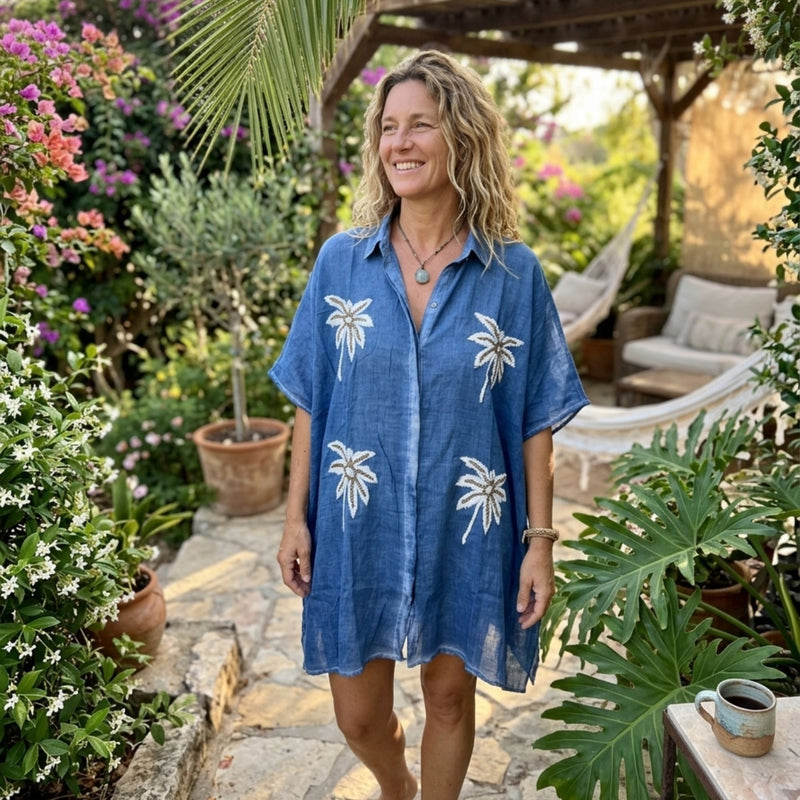 Nomad Sari On the Med Collection - Kaftan - Blue with Gold & White Palm Tree Decor product image