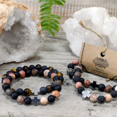 Set of 2 Gemstones Friendship Bracelets - Eternity - Leopard Skin Jasper & Lava Stone product image