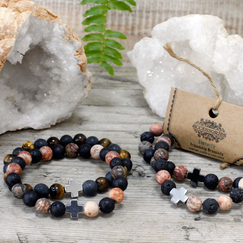 Set of 2 Gemstones Friendship Bracelets - Eternity - Leopard Skin Jasper & Lava Stone product image