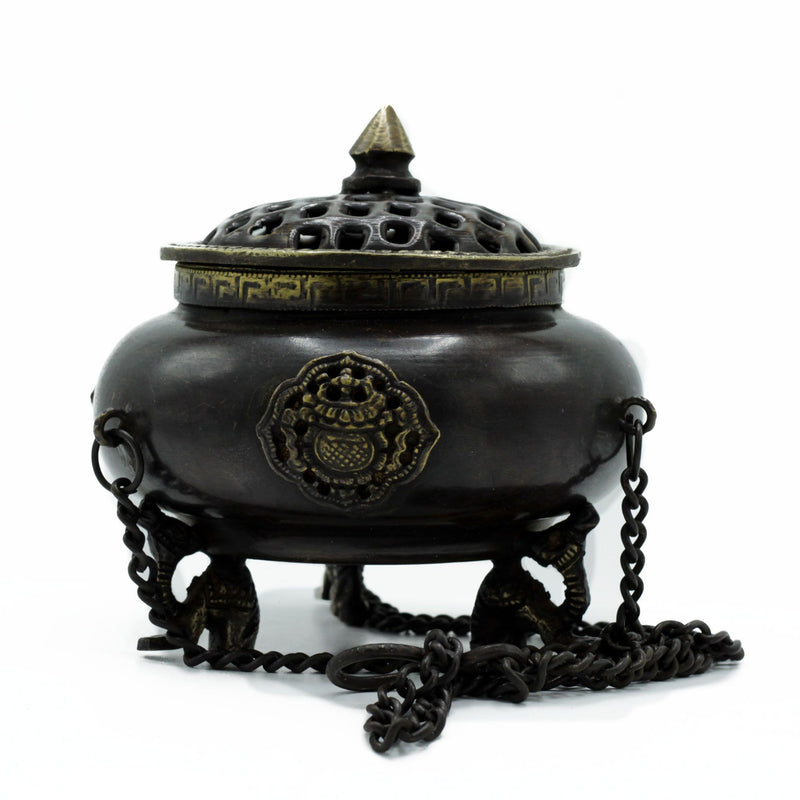 Lrg Brass Tibetan Burner - Four Symbol Hanging Pot product image