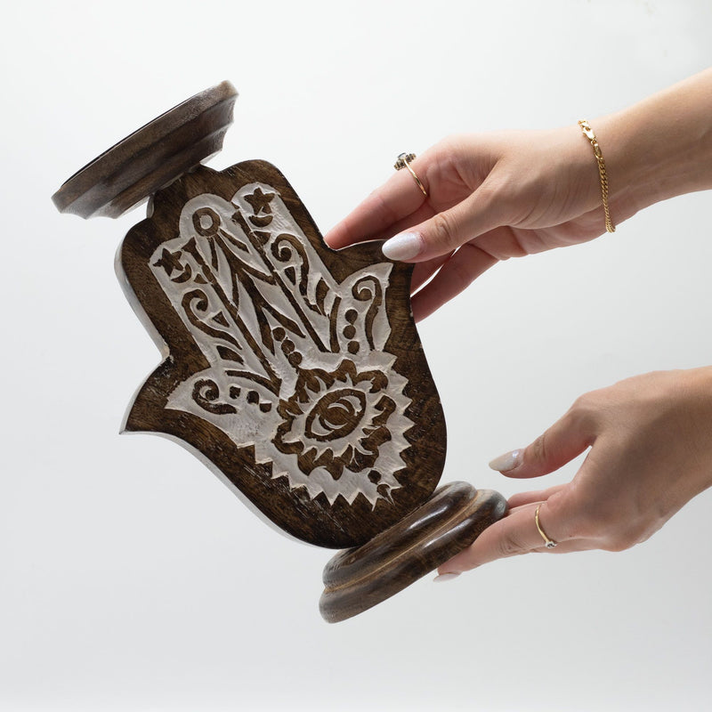 Mango Wood Candle Stand - Hamsa - Large product image