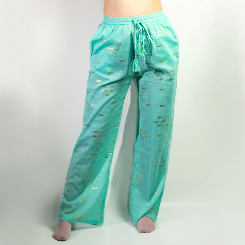Nomad Sari Lounge Pants (L/XL) – Turquoise with Hand-Painted Gold Fish Design product image