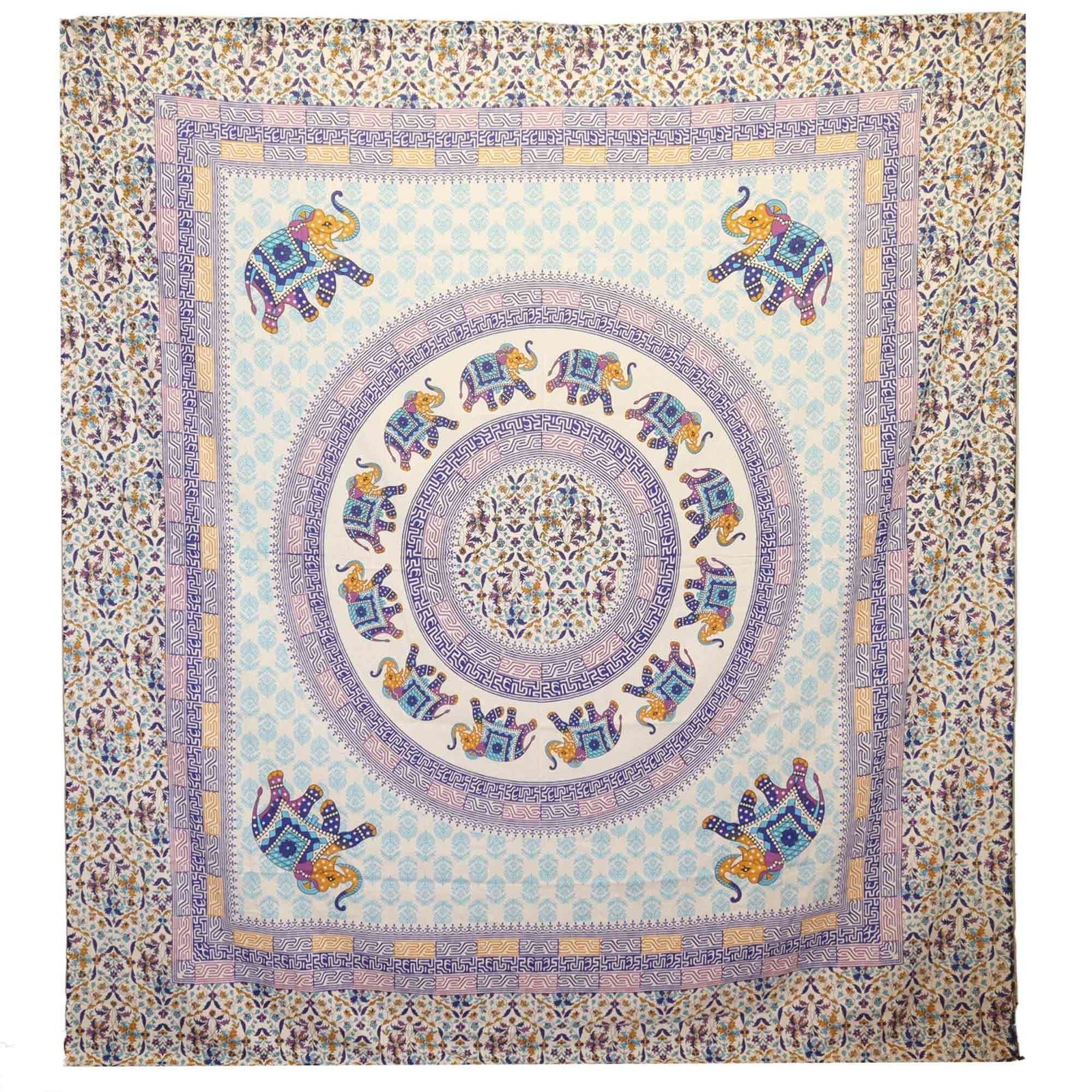 Wall Hanging / Spread - Elephant Mandala - Turquoise/Blue on Cream product image
