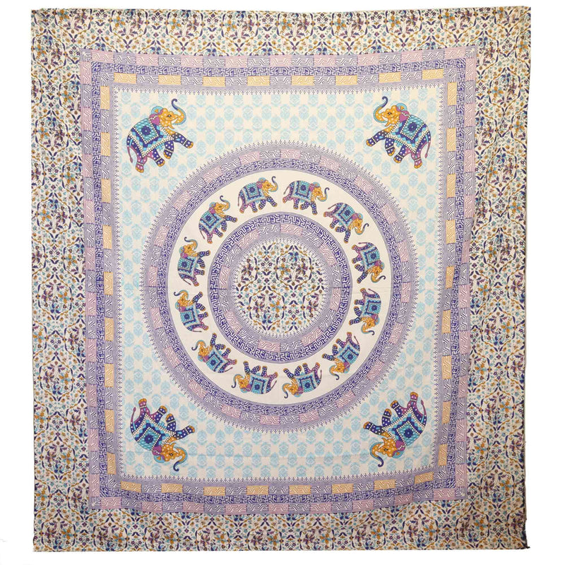 Wall Hanging / Spread - Elephant Mandala - Turquoise/Blue on Cream product image