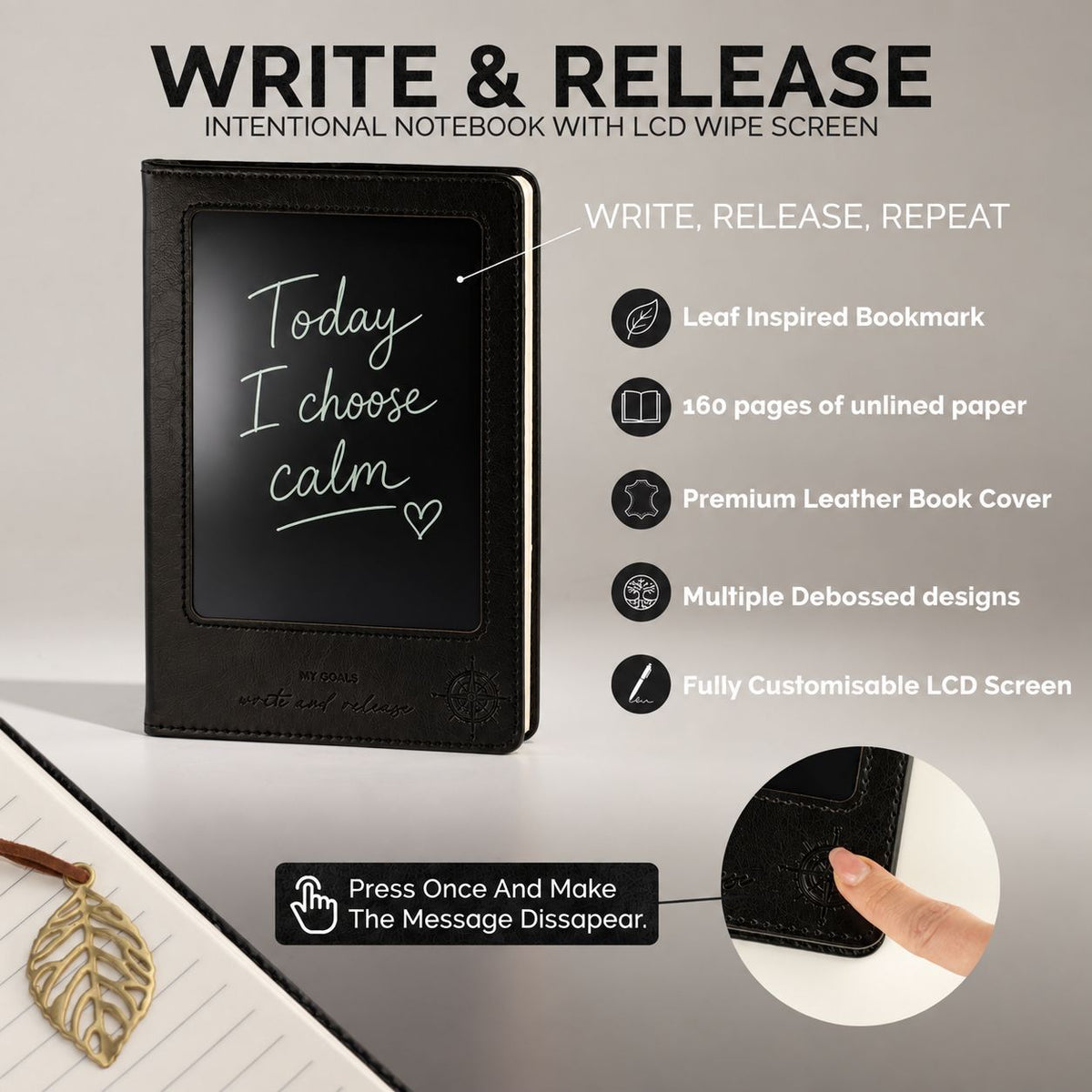 A5 Intention Note Book - LCD Wipe Screen - Black Leather Effect - 80 Leafs - product image 14