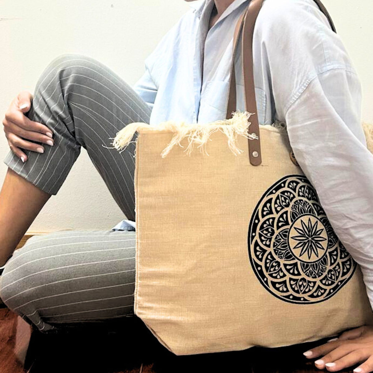 Natural Tote Bag with Leather Handle - Mandala - product image 3