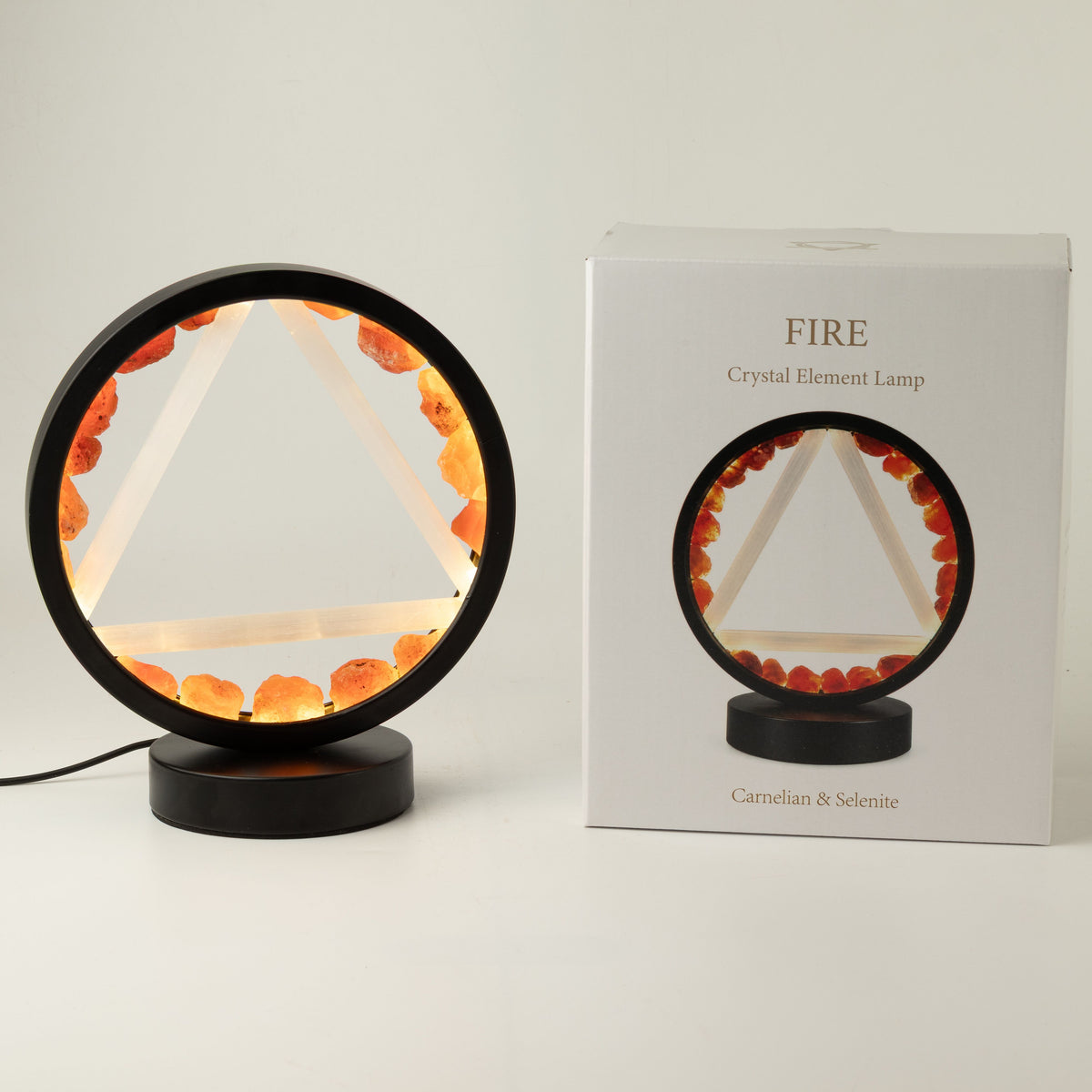 Illuminated carnelian and selenite Fire gemstone halo lamp