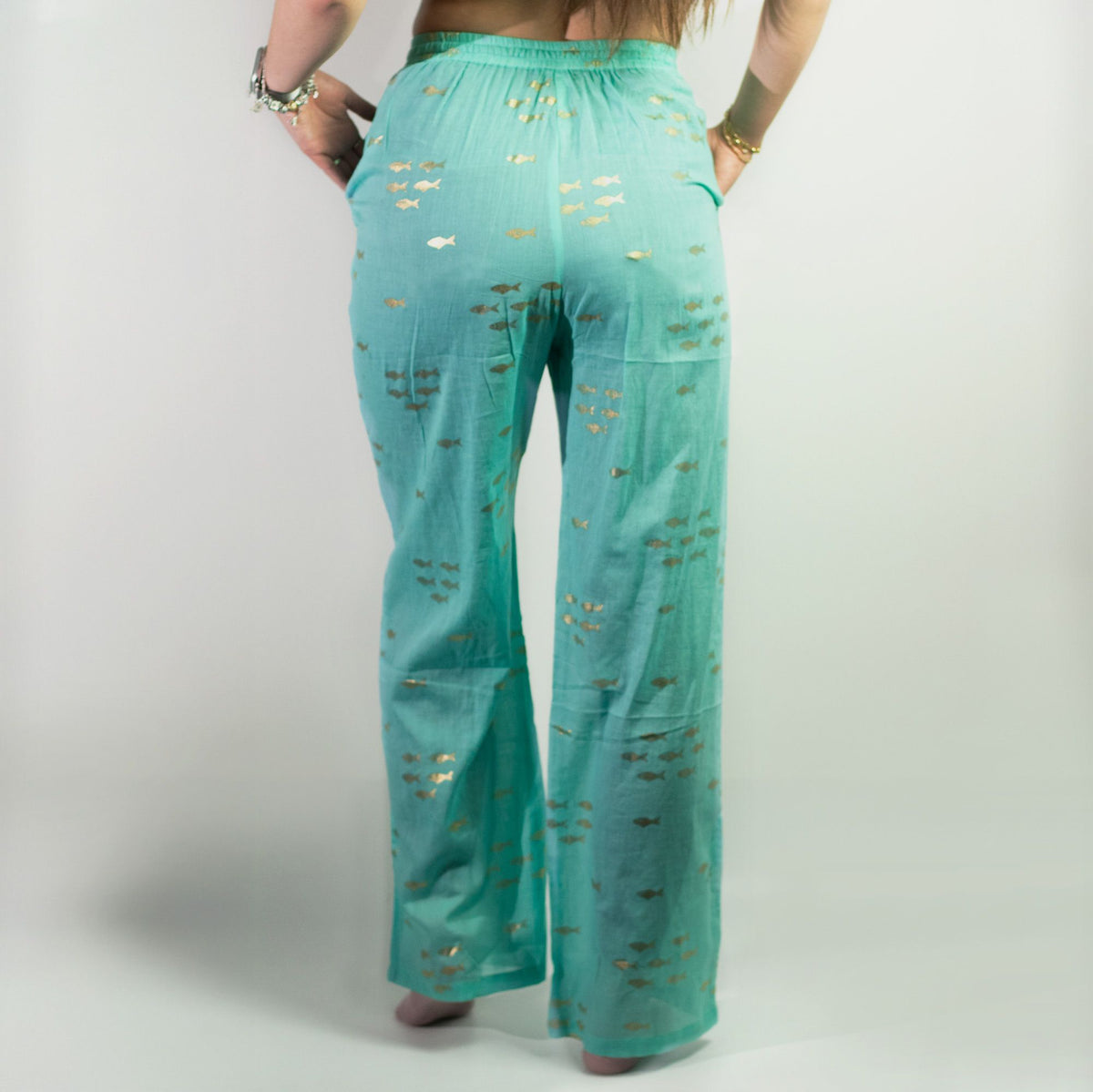 Nomad Sari Lounge Pants (M/L) – Turquoise with Hand-Painted Gold Fish Design product image 4