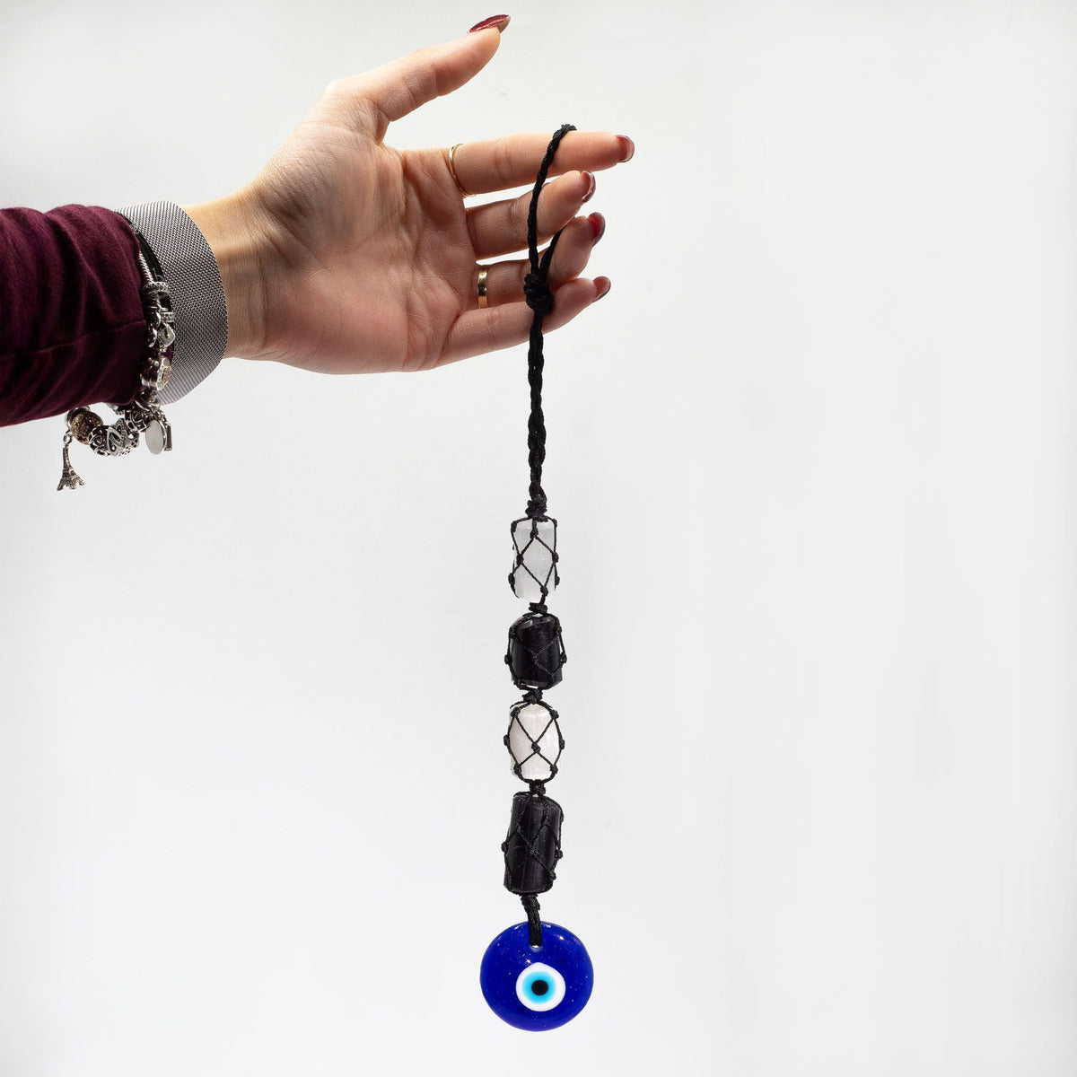 Hanging Stone Pendant - Black Torrmaline & Selonite Tumble- Evil Eye - product image 2