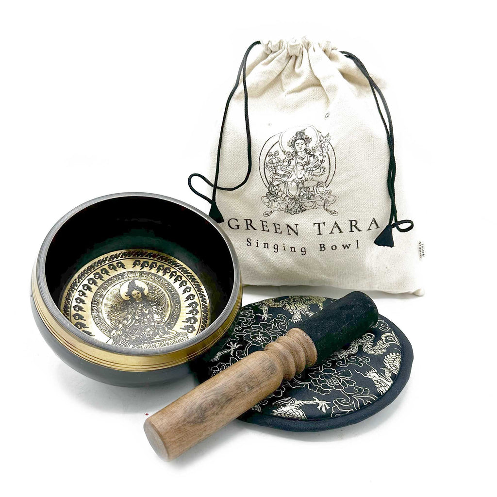 Hand Beaten & Engraved Singing Bowl Gift Set - 14cm - Green Tara product image
