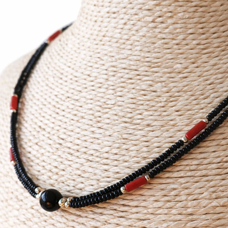 Nepalese Extra Fine Two Line Necklace - Black & Coral Pendant product image