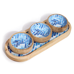 Mango Wood Tray with 3 Bowls - Blue Stripes product image 6