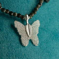 Nymph Black Obsidian Gemstone Necklace with Real Leaf Butterfly Pendant