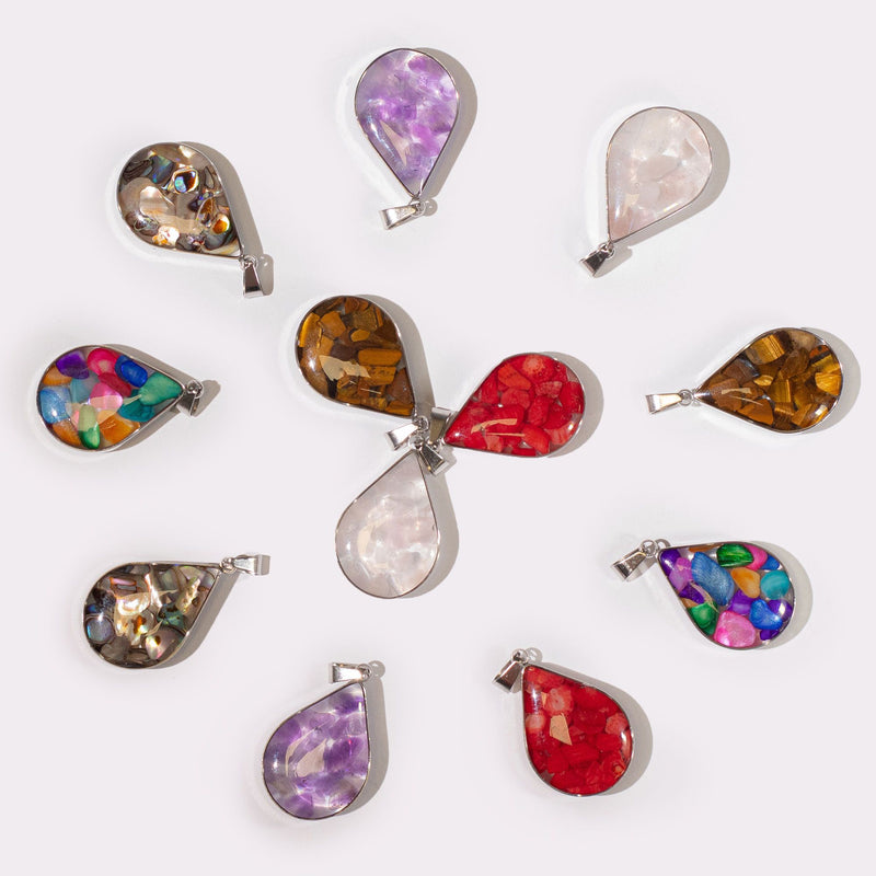 Steel Cased Pendant Teardrops - 12 Assorted Gemstone Chips & Shells product image