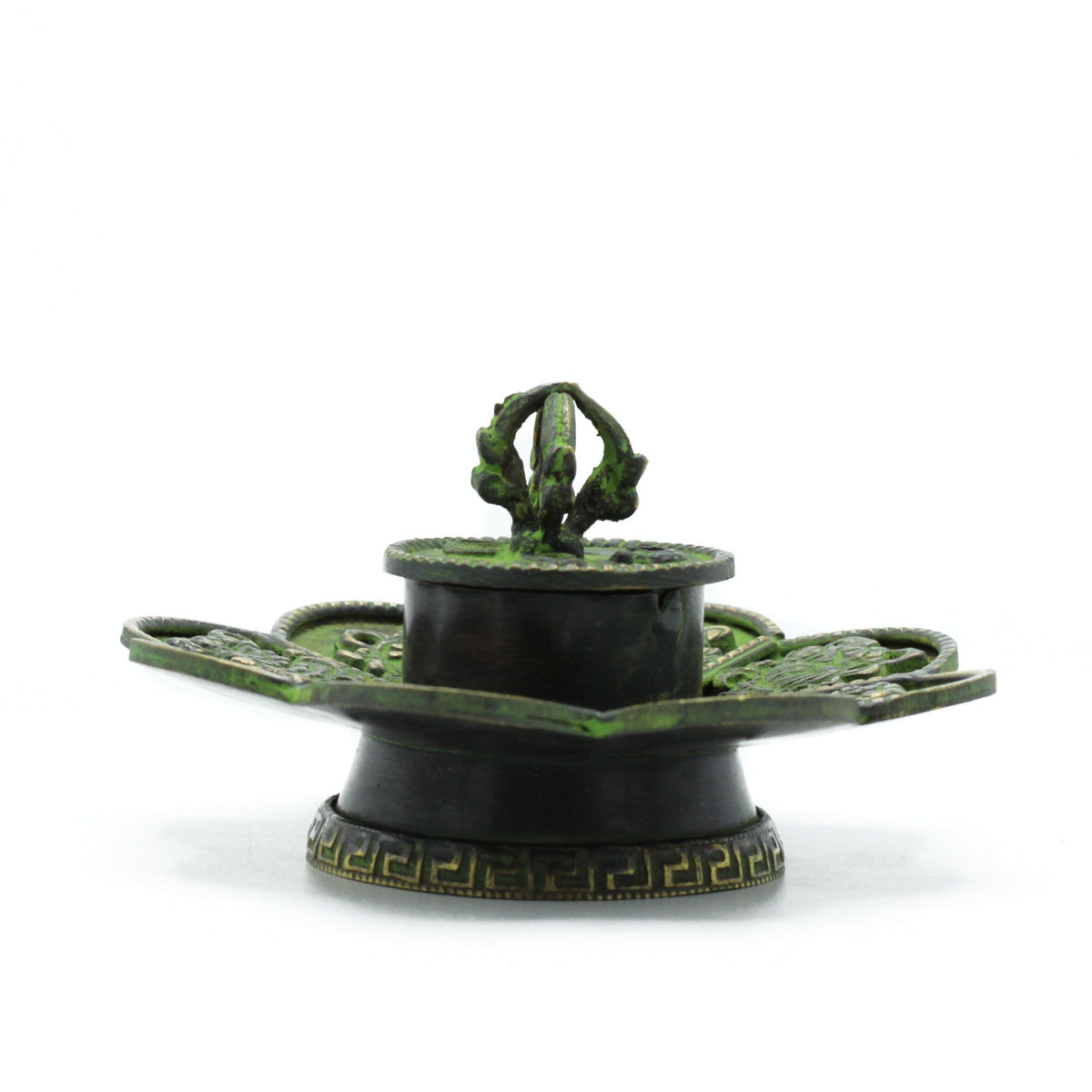 Brass Verdigris Tibetan Cone & Incense Holder - Eight Symbols product image