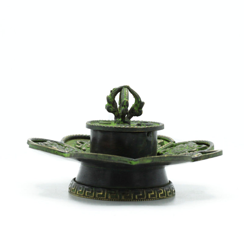 Brass Verdigris Tibetan Cone & Incense Holder - Eight Symbols product image